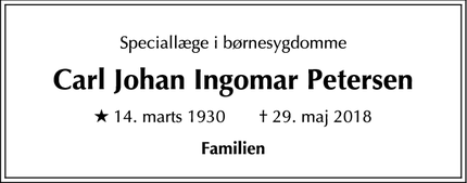 Dødsannoncen for Carl Johan Ingomar Petersen - Kongens Lyngby