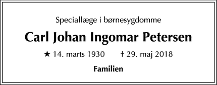 Dødsannoncen for Carl Johan Ingomar Petersen - Kongens Lyngby