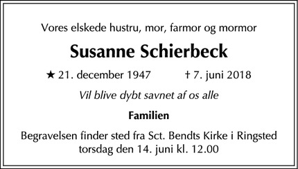 Dødsannoncen for Susanne Schierbeck - Ringsted