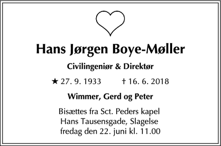 Dødsannoncen for Hans Jørgen Boye-Møller - Skælskør