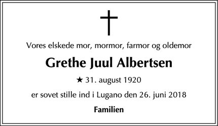 Dødsannoncen for Grethe Juul Albertsen - Lugano, Schweiz