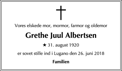 Dødsannoncen for Grethe Juul Albertsen - Lugano, Schweiz