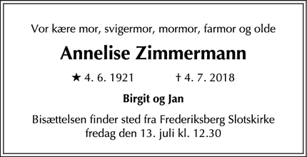 Dødsannoncen for Annelise Zimmermann - Frederiksberg
