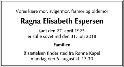 Dødsannoncen for Ragna Elisabeth Espersen - Rønne