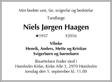 Dødsannoncen for Niels Jørgen Haagen  - Hørsholm