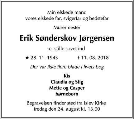 Dødsannoncen for Erik Sønderskov Jørgensen  - Rødovre