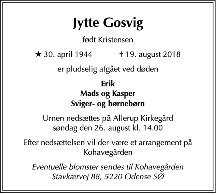 Dødsannoncen for Jytte Gosvig - Frederiksberg