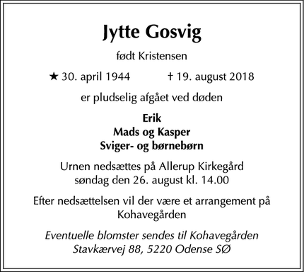 Dødsannoncen for Jytte Gosvig - Frederiksberg
