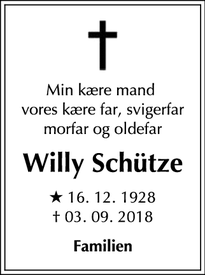 Dødsannoncen for Willy Schütze - København