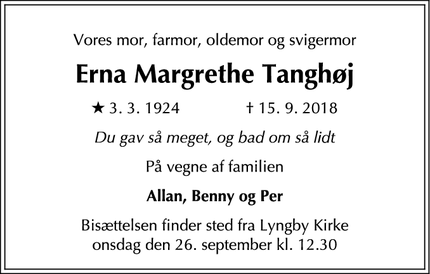 Dødsannoncen for Erna Margrethe Tanghøj - Frederiksberg