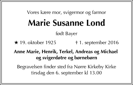 Dødsannoncen for Marie Susanne Lond - København