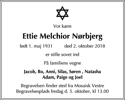 Dødsannoncen for Ettie Melchior Nørbjerg - Holte