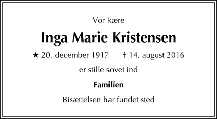 Dødsannoncen for Inga Marie Kristensen - Roskilde