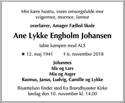 Dødsannoncen for Ane Lykke Engholm Johansen - Brøndbyøster