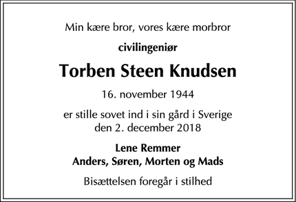 Dødsannoncen for Torben Steen Knudsen - Hishult i Sverige