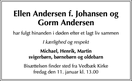 Dødsannoncen for Ellen Andersen f. Johansen og
Gorm Andersen - Lynge