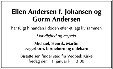 Dødsannoncen for Ellen Andersen f. Johansen og
Gorm Andersen - Lynge