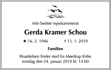 Dødsannoncen for Gerda Kramer Schou - Espergærde