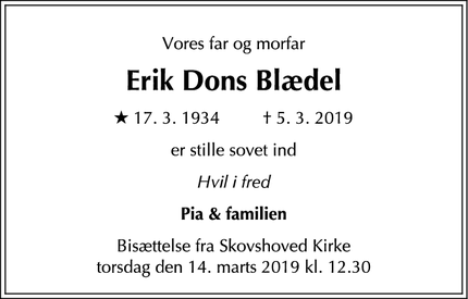 Dødsannoncen for Erik Dons Blædel - HELLERUP