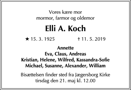 Dødsannoncen for Elli A. Koch - Gentofte