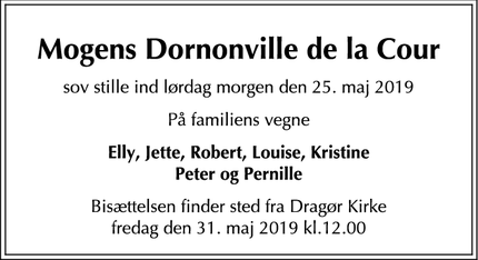 Dødsannoncen for Mogens Dornonville de la Cour - Dragør