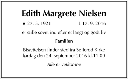 Dødsannoncen for Edith Margrete Nielsen - Birkerød
