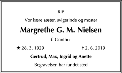Dødsannoncen for Margrethe G. M. Nielsen - Hillerød