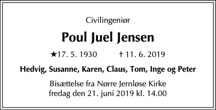 Dødsannoncen for Poul Juel Jensen - Regstrup