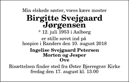 Dødsannoncen for  Birgitte Svejgaard Jørgensen - Øster Bjerregrav