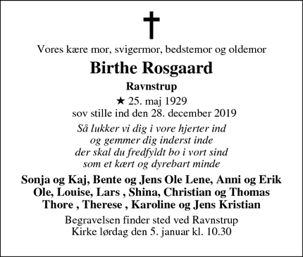 Dødsannoncen for  Birthe Rosgaard  - Ravnstrup