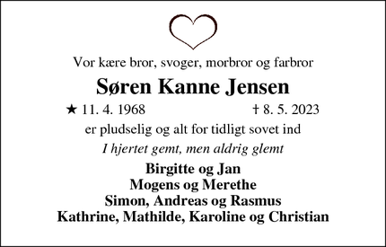Dødsannoncen for Søren Kanne Jensen - Bjerringbro