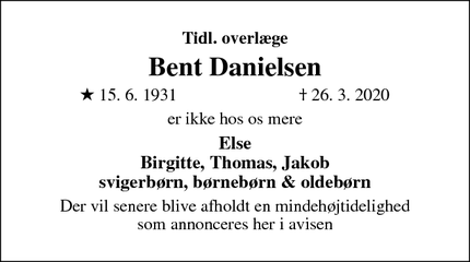 Dødsannoncen for Bent Danielsen - Kbh N