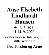 Dødsannoncen for Aase Elsebeth Lindhardt Hansen - Rønne