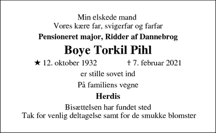 Dødsannoncen for Boye Torkil Pihl - Hinnerup
