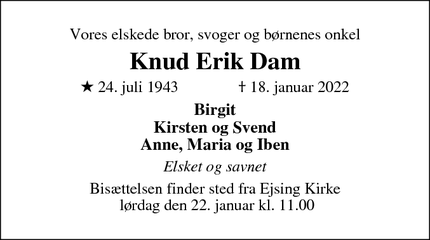 Dødsannoncen for Knud Erik Dam - Holstrebro 