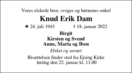 Dødsannoncen for Knud Erik Dam - Holstrebro 