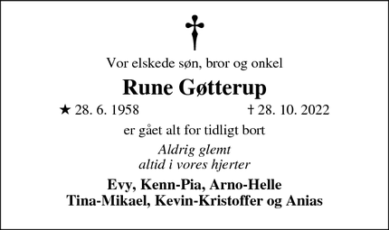 Dødsannoncen for Rune Gøtterup - Hasle