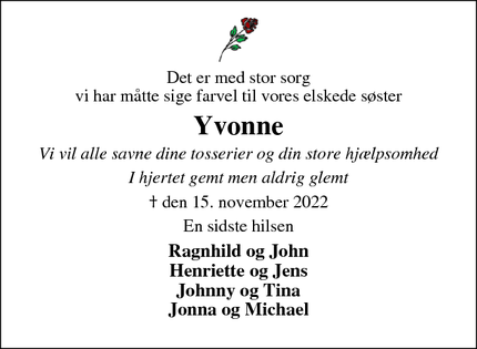 Dødsannoncen for Yvonne - Rønne