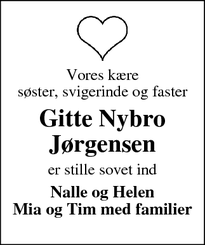 Dødsannoncen for Gitte Nybro
Jørgensen - Aakirkeby