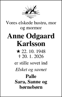 Dødsannoncen for Anne Odgaard Karlsson - Tyresö