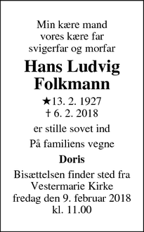 Dødsannoncen for Hans Ludvig Folkmann - Rødovre