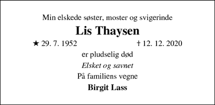 Dødsannoncen for Lis Thaysen - Kruså