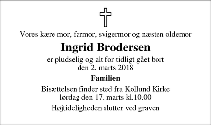 Dødsannoncen for Ingrid Brodersen - Kruså