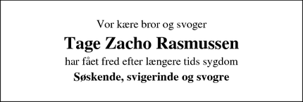Dødsannoncen for Tage Zacho Rasmussen - Brande