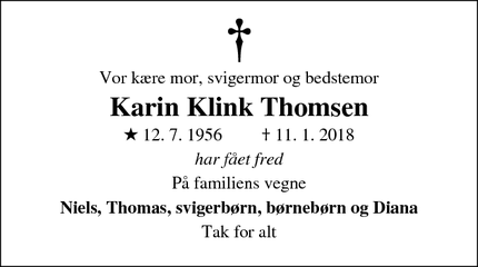 Dødsannoncen for Karin Klink Thomsen - Krondal