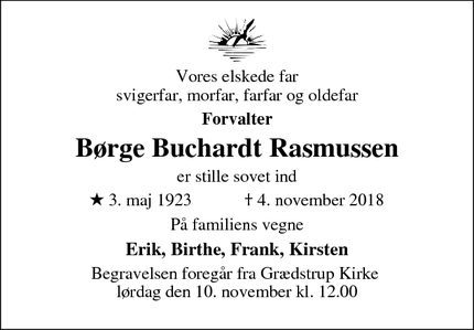 Dødsannoncen for Børge Buchardt Rasmussen - Brædstrup, Danmark