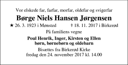 Dødsannoncen for  Børge Niels Hansen Jørgensen - Birkerød