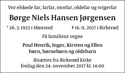 Dødsannoncen for  Børge Niels Hansen Jørgensen - Birkerød