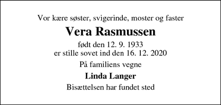 Dødsannoncen for Vera Rasmussen - Brønshøj