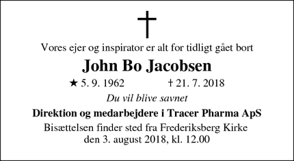 Dødsannoncen for John Bo Jacobsen - København